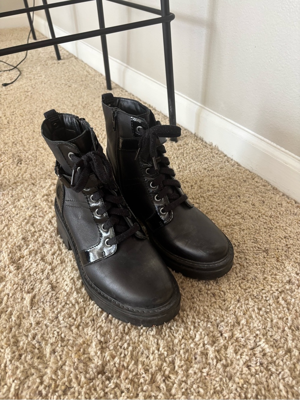 Naturalizer Black Lace-Up Combat Boots with Side Zipper